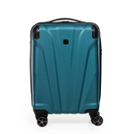 Teal suitcase with black wheels on a white background