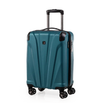 Teal suitcase with black wheels on a white background
