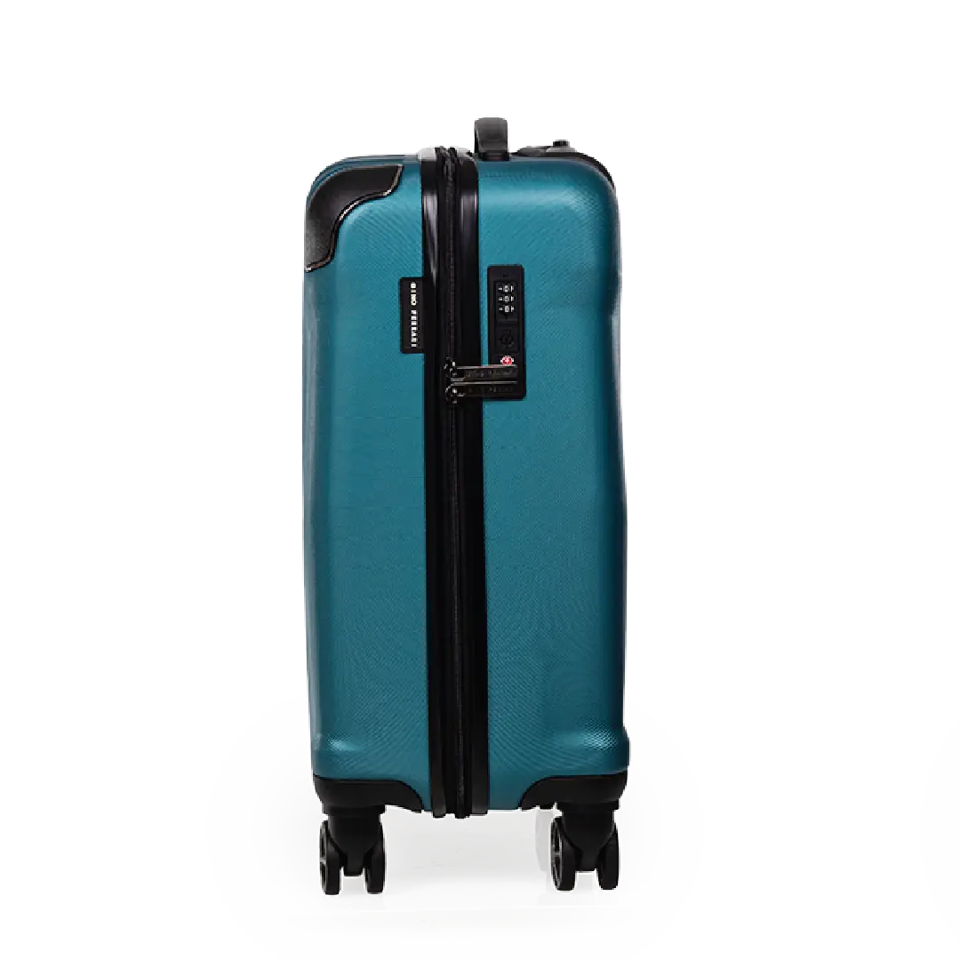 Teal suitcase with black accents on a white background