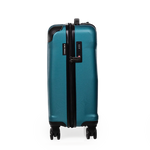 Teal suitcase with black accents on a white background