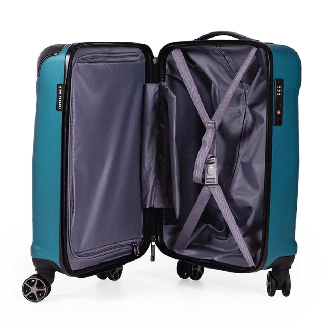 Open teal suitcase with wheels on a white background