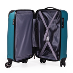 Open teal suitcase with wheels on a white background