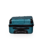 Teal suitcase with black handles and wheels on a white background