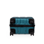 Teal suitcase with black wheels on a white background