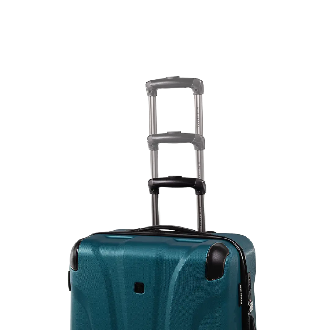 Teal suitcase with a black handle on a white background
