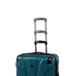 Teal suitcase with a black handle on a white background