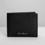 A black textured leather bifold wallet with a silver-tone 'Gino Ferrari' logo on the front, displayed on a light gray background.