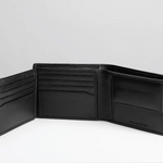 An open black leather bifold wallet displayed against a light gray background, showing its interior card slots and pockets.