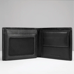 An open black leather bi-fold wallet with multiple card slots, an ID window, and an interior pocket, photographed on a light gray background.