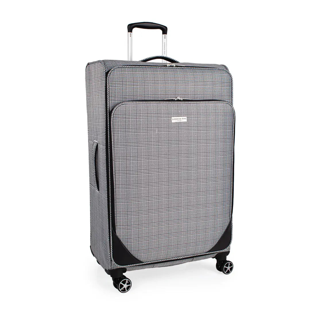 Gray checkered suitcase with wheels on a white background
