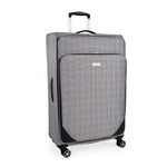 Gray checkered suitcase with wheels on a white background