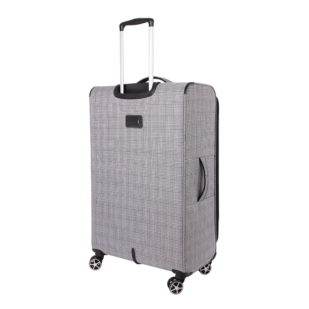 Gray checkered suitcase with wheels on a white background