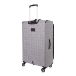 Gray checkered suitcase with wheels on a white background
