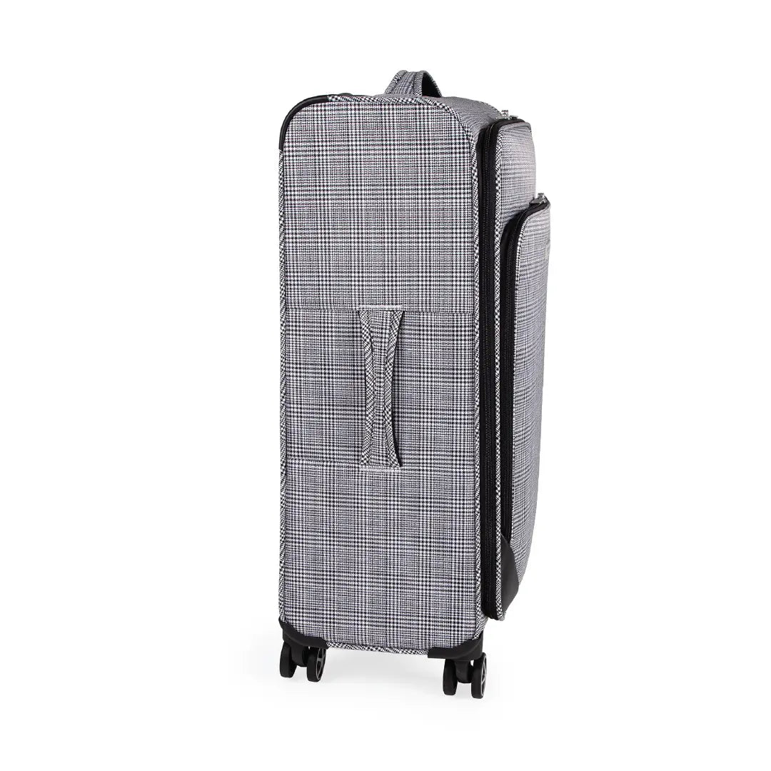 Gray checkered suitcase with wheels on a white background