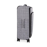 Gray checkered suitcase with wheels on a white background