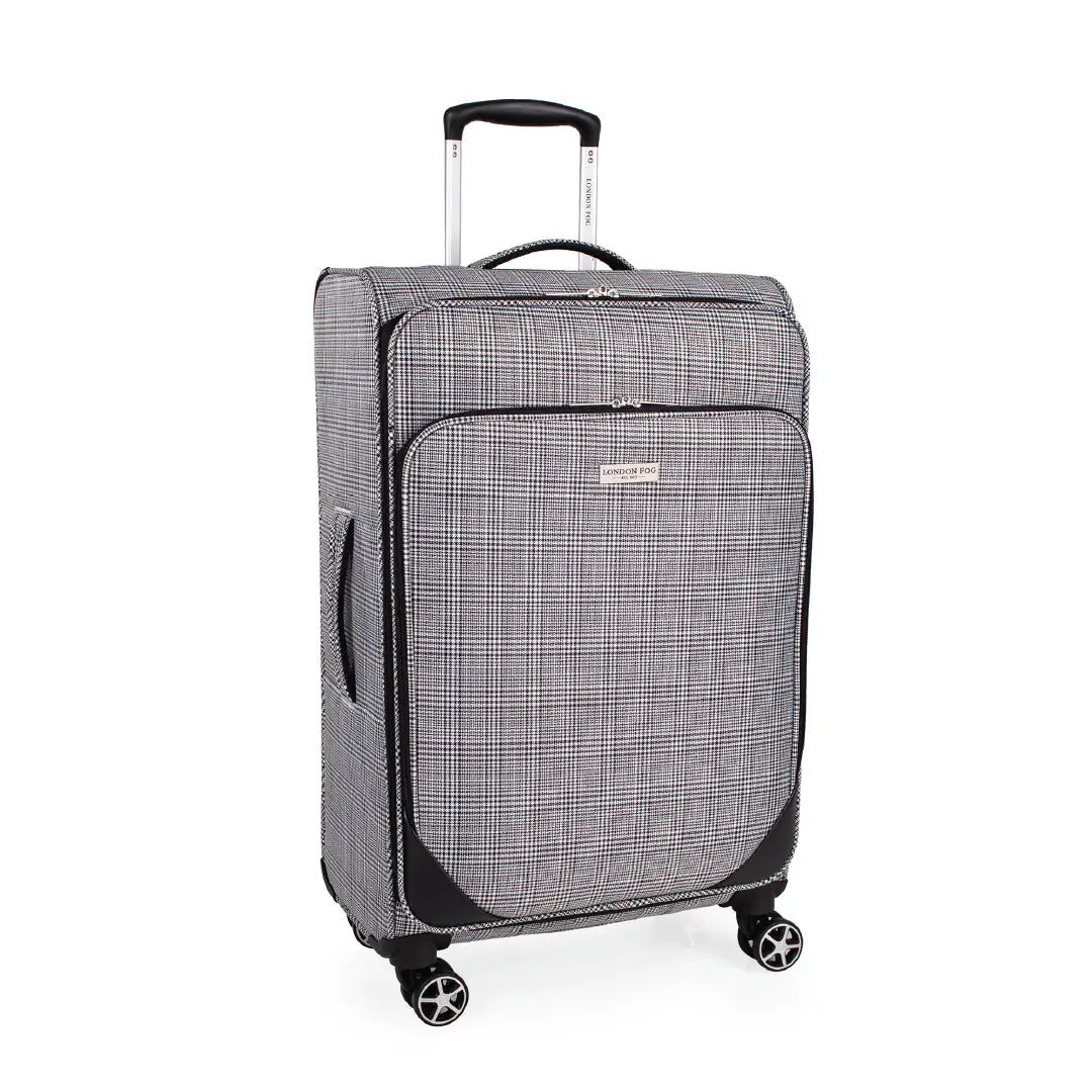 Gray checkered suitcase with wheels on a white background