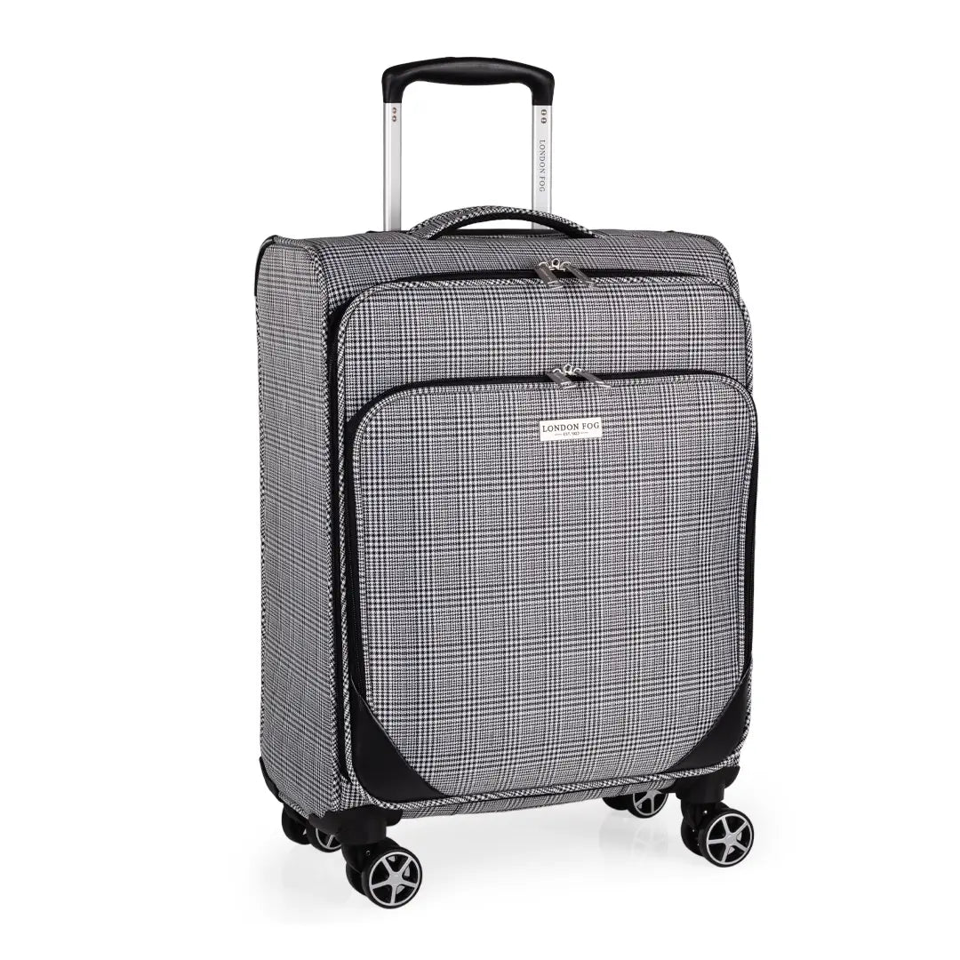Grey checkered suitcase with wheels on a white background