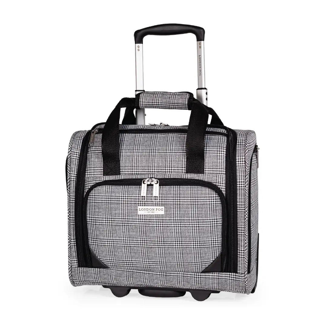 Plaid patterned rolling suitcase with black straps on a white background