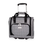 Plaid patterned rolling suitcase with black straps on a white background