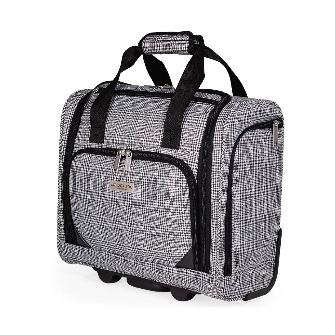 Gray checkered travel bag with black straps on a white background