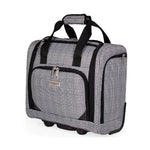 Gray checkered travel bag with black straps on a white background