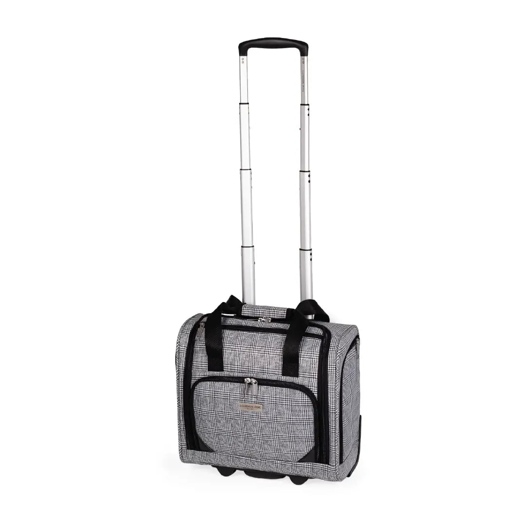 Grey suitcase with handle up and wheels on a white background