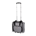 Grey suitcase with handle up and wheels on a white background