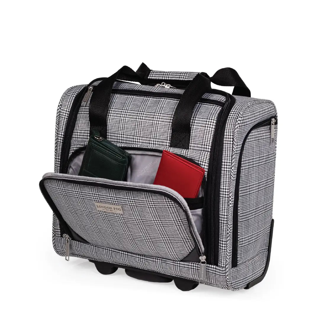 Gray checkered suitcase with black handles and wheels on a white background