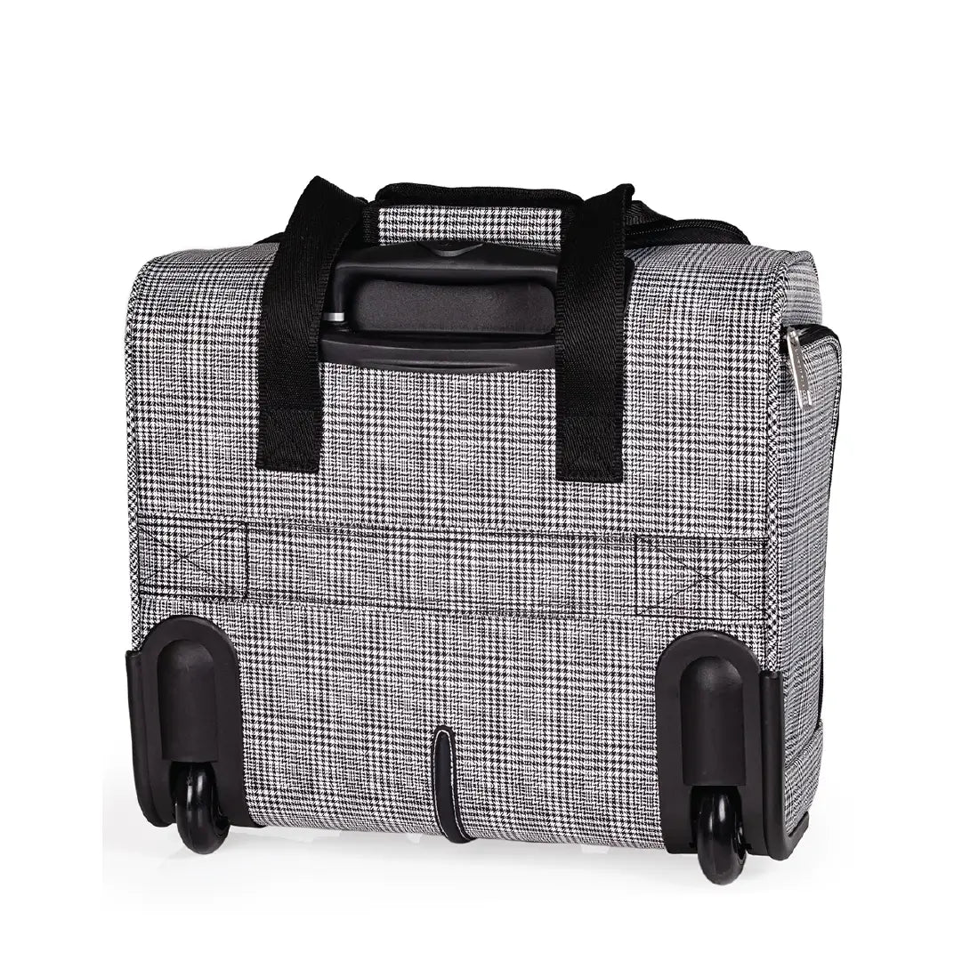 Gray checkered suitcase with black wheels and handle on a white background