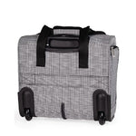 Gray checkered suitcase with black wheels and handle on a white background