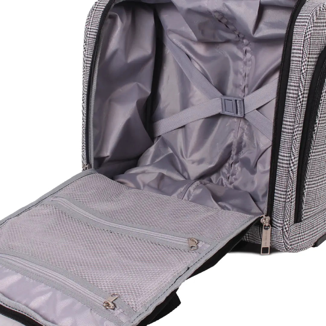 Grey suitcase with open front compartment on a white background
