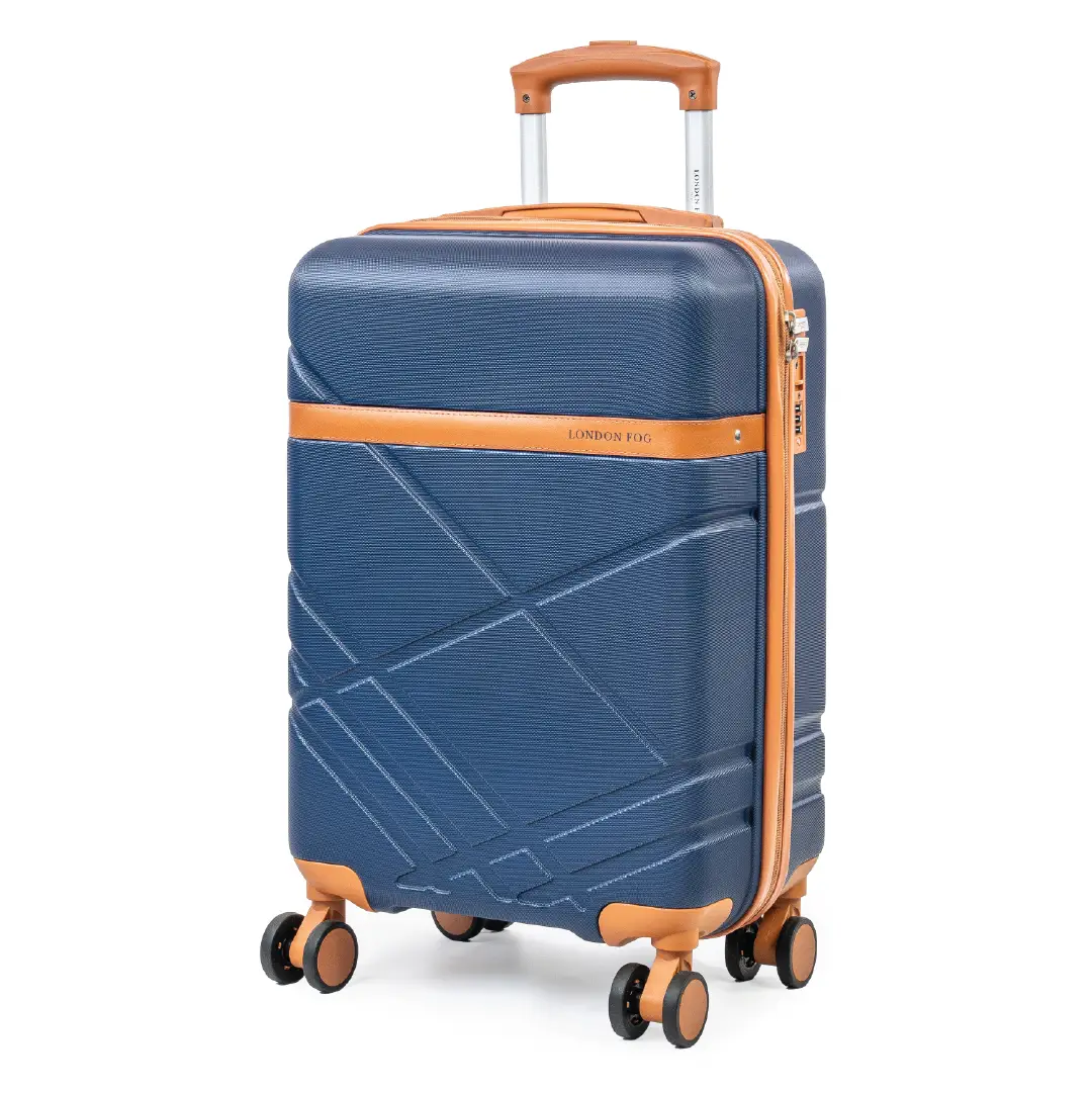Blue suitcase with orange accents on a white background