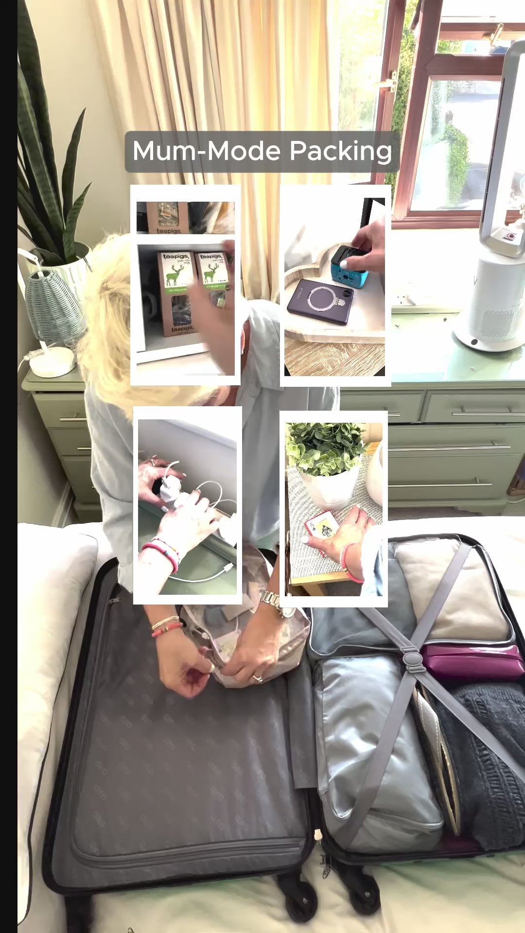 A woman packing a medium-sized suitcase with everything she might need.